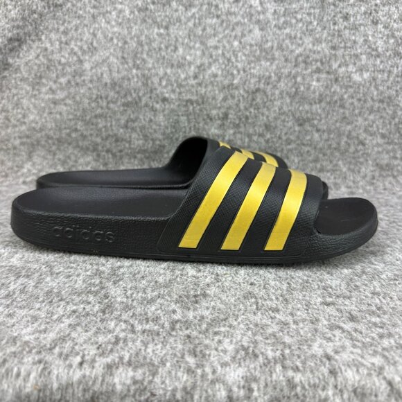 ✅Mens 14 Adidas Adilette Comfort Slides Sandals Lightweight Black/Gold 3-Stripe - Picture 7 of 13